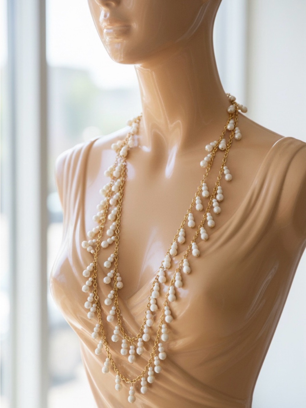 Vintage XXLong Multi-Strand Pearl Drop Necklace - White Steel